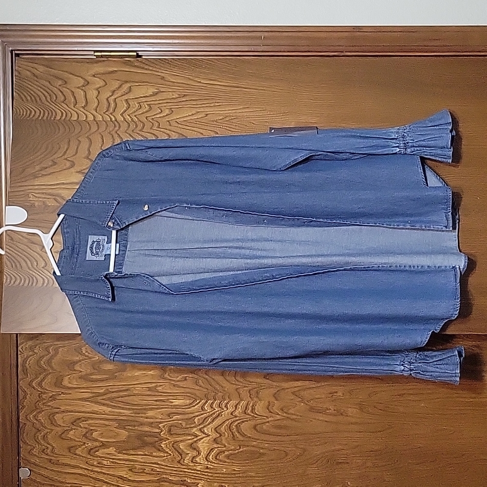 Denim long ruffle sleeve button down shirt